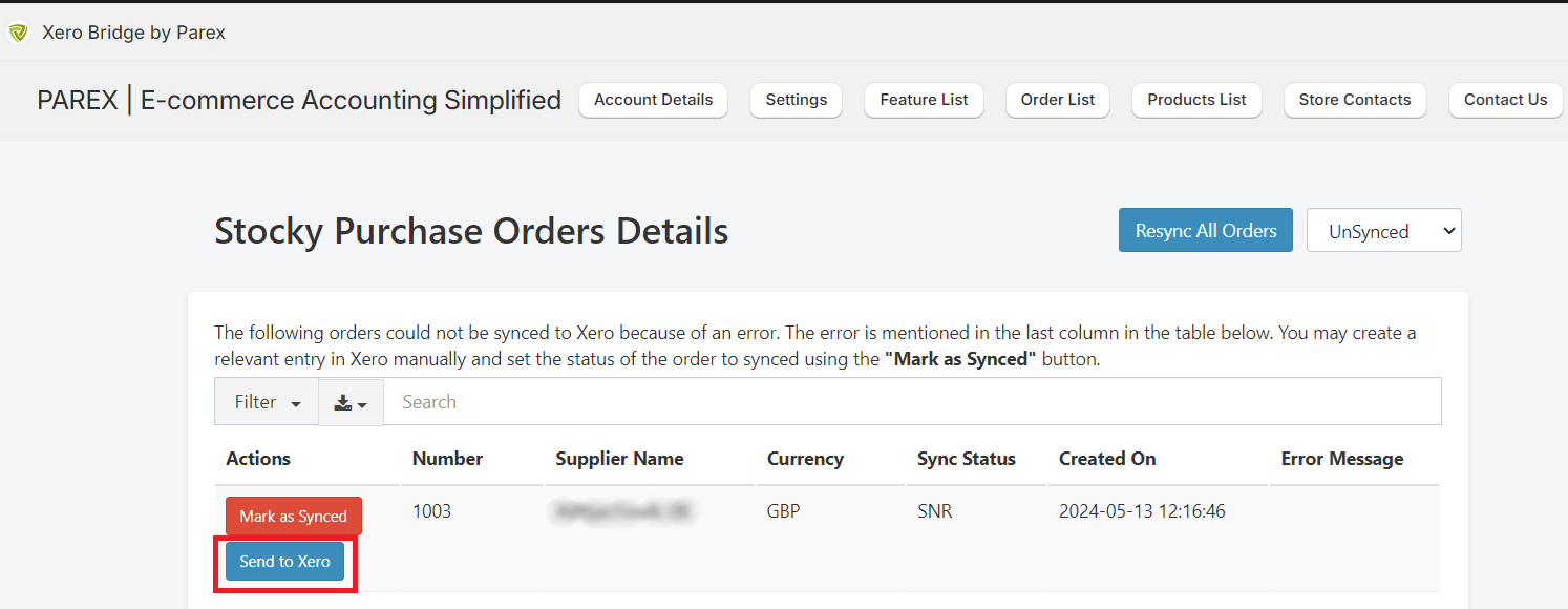 Stocky purchase order sync manually from Xero Bridge app